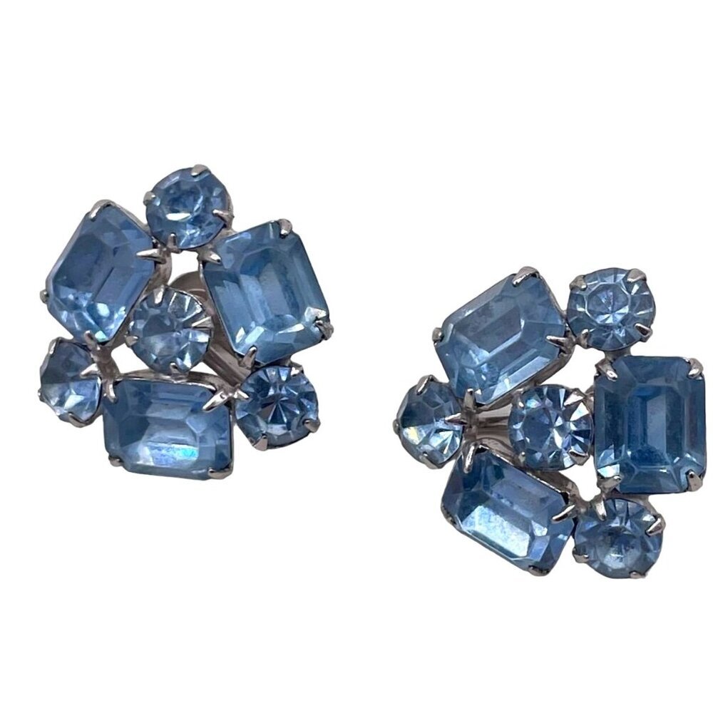 Coro Blue Rhinestone Screw Back Earrings Silver Tone Evening Party Events
